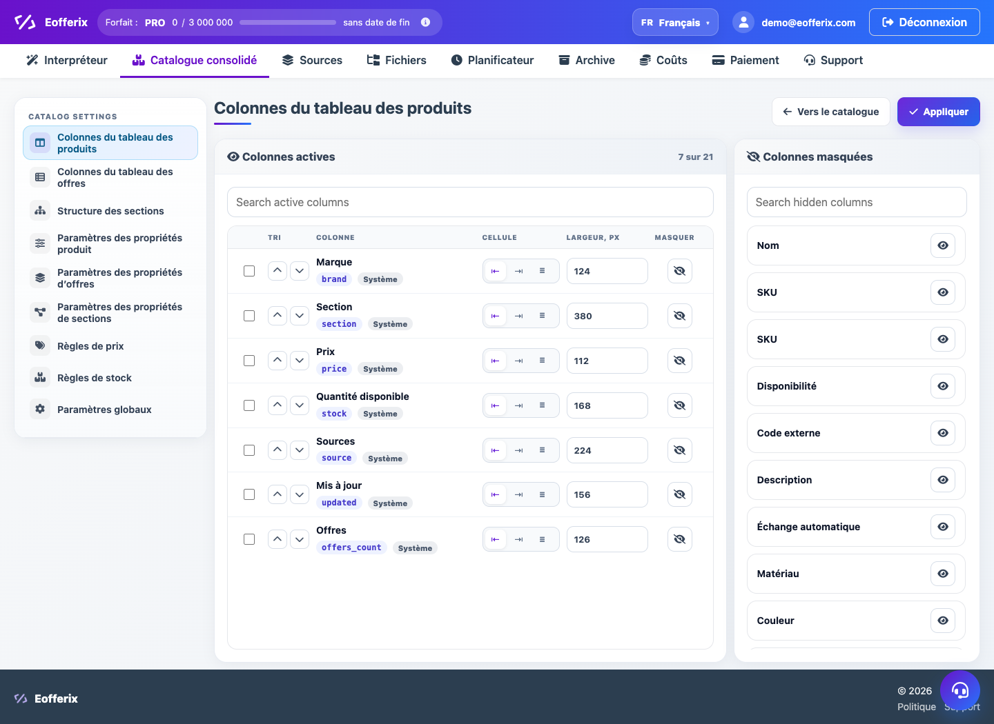 Paramètres du Catalogue unifié — Eofferix