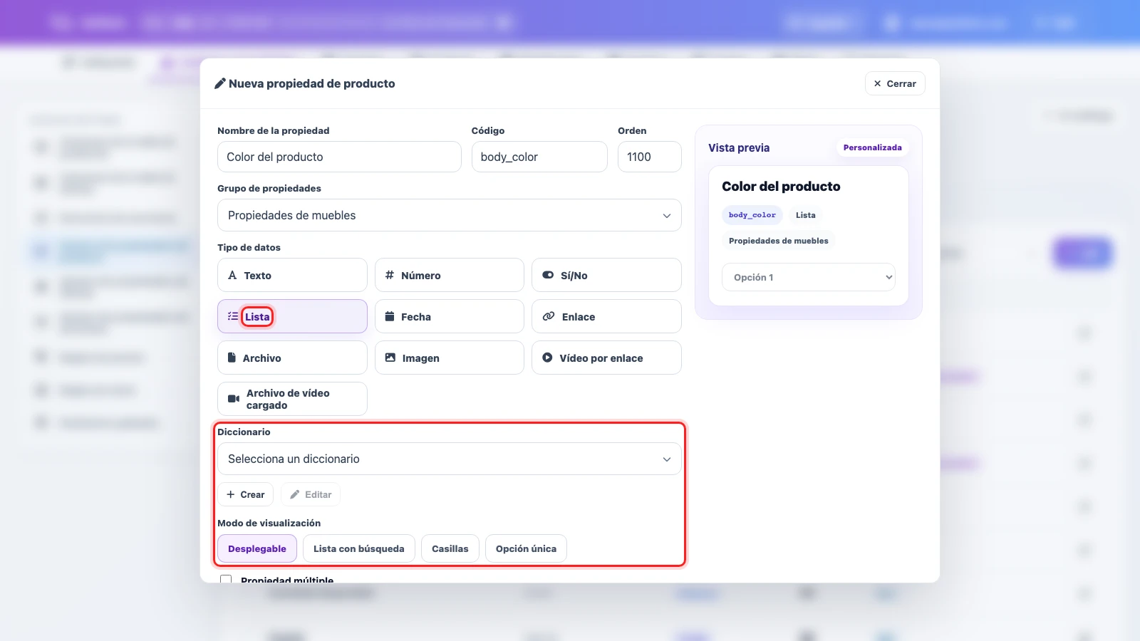 Vincular un diccionario con una propiedad de tipo Lista