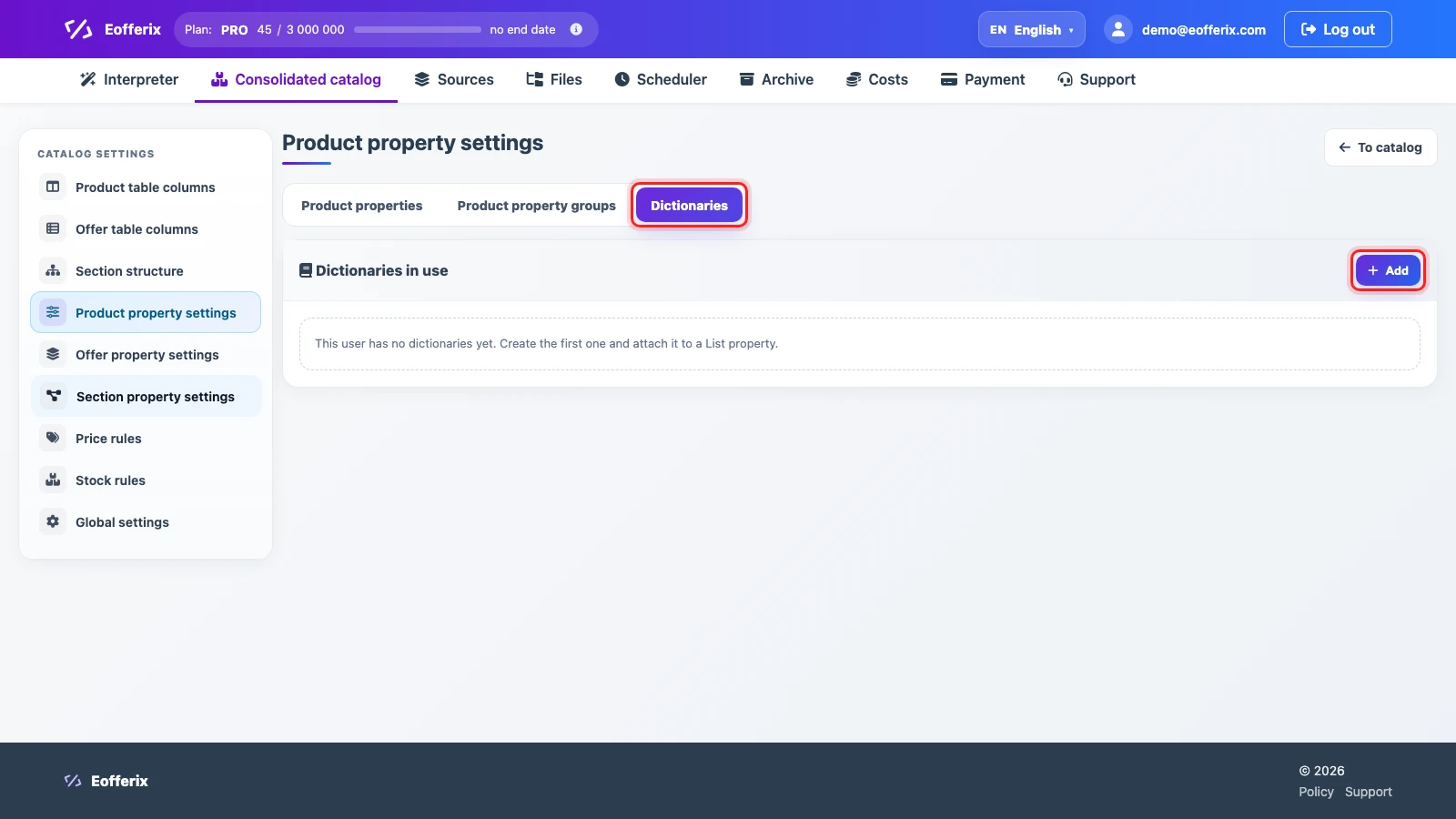 Dictionaries tab in product property settings Dictionaries tab in product property settings