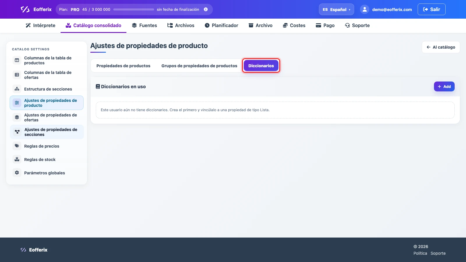 Pestaña Diccionarios en los ajustes de propiedades de producto