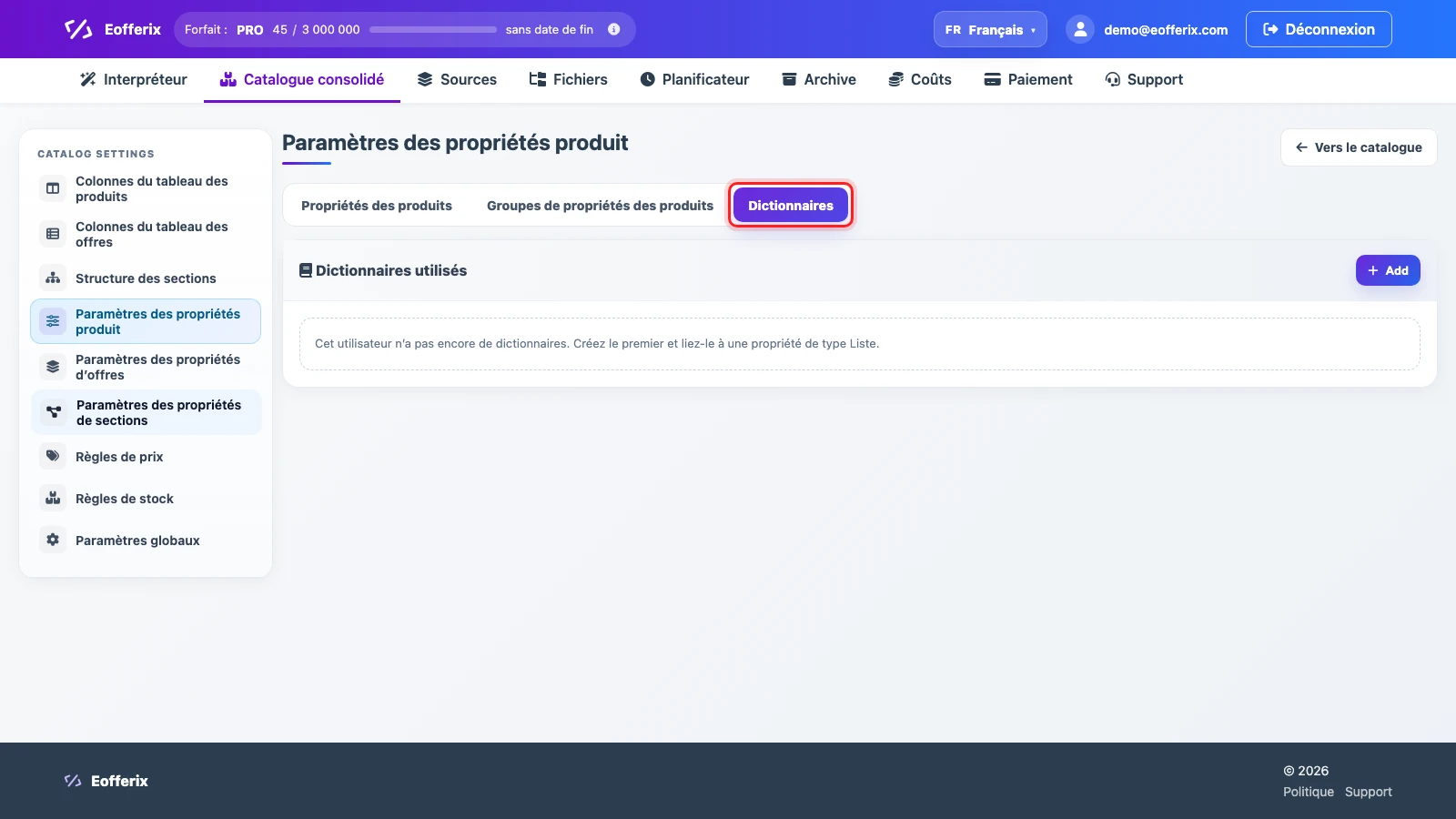 Onglet Dictionnaires dans les paramètres de propriétés produit