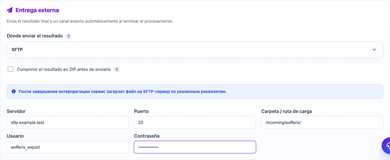 Configuración de entrega SFTP del resultado en un perfil Eofferix
