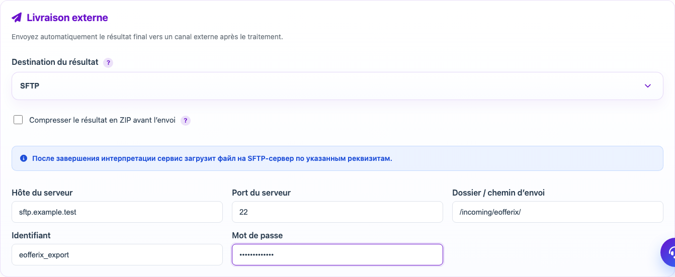 Paramètres de livraison SFTP du résultat dans un profil Eofferix