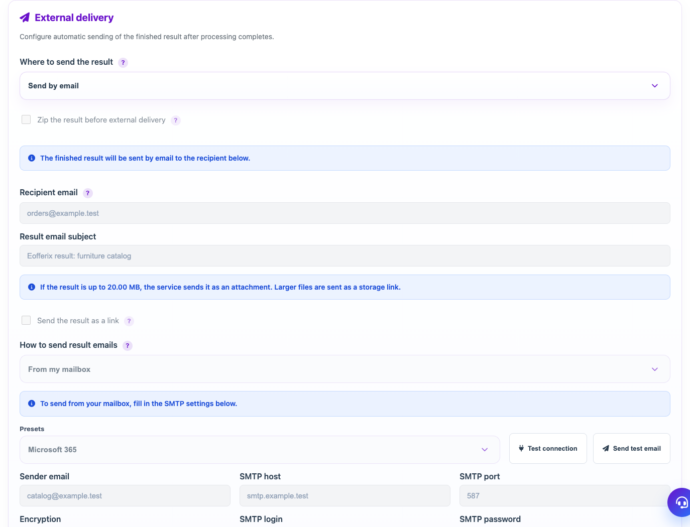 External delivery of results — Eofferix