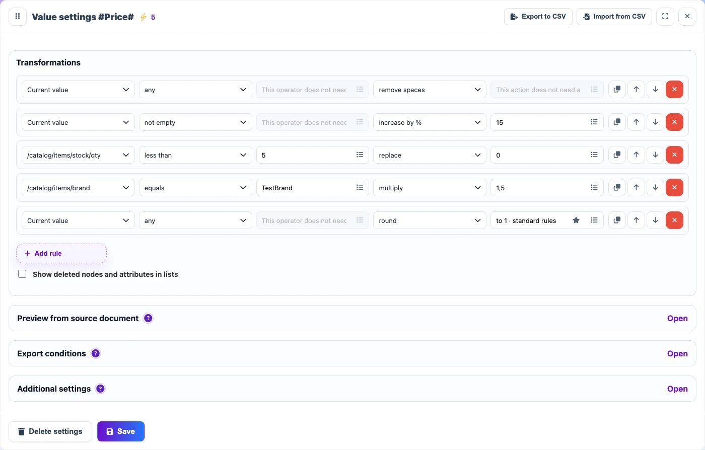 Price value settings with JSON transformation rules