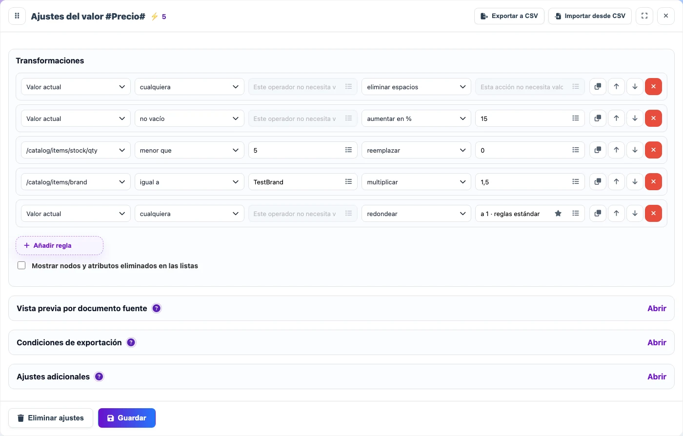 Ajustes del valor Precio con reglas de transformación JSON