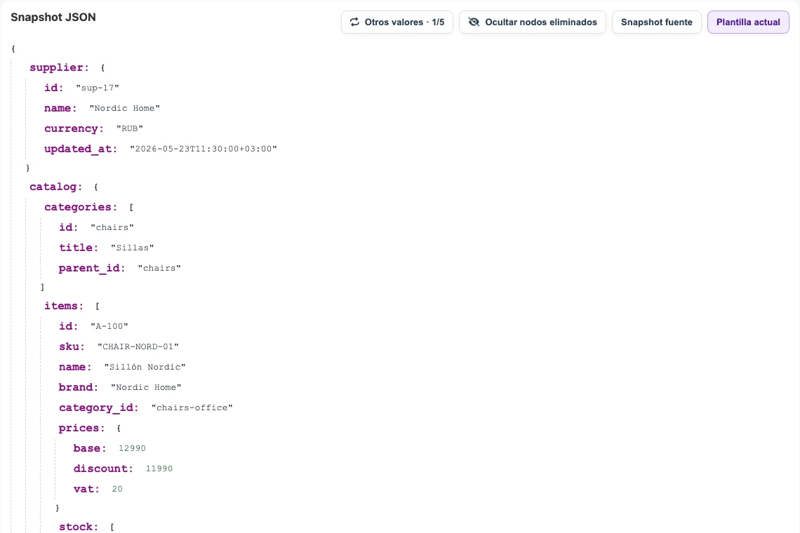 Snapshot JSON de proveedor en Eofferix