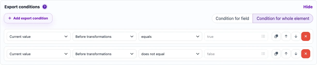 Export conditions for an active XML element