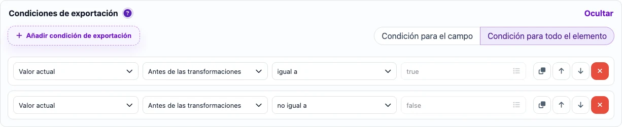 Condiciones de exportación para un elemento XML activo