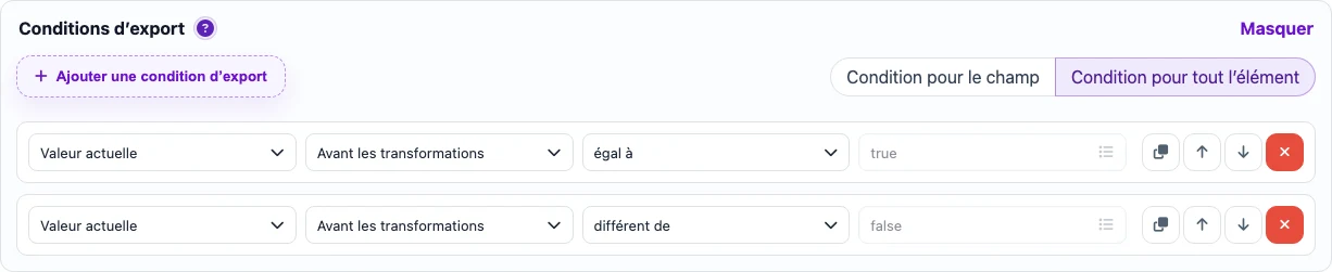 Conditions d’export pour un élément XML actif