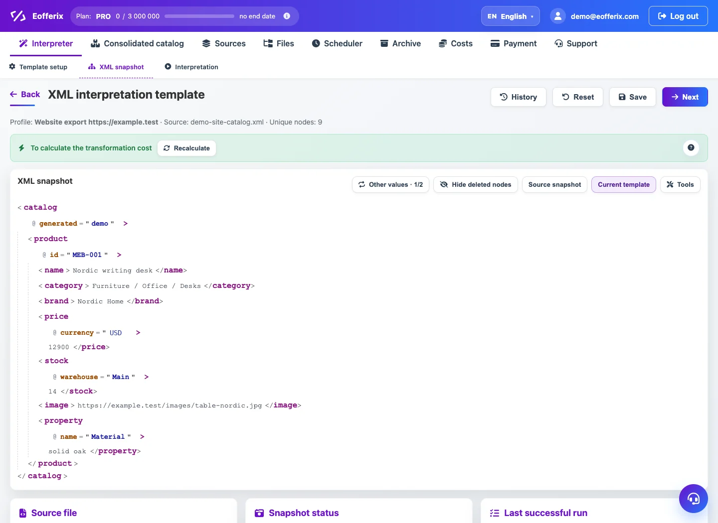 Supplier XML snapshot in Eofferix