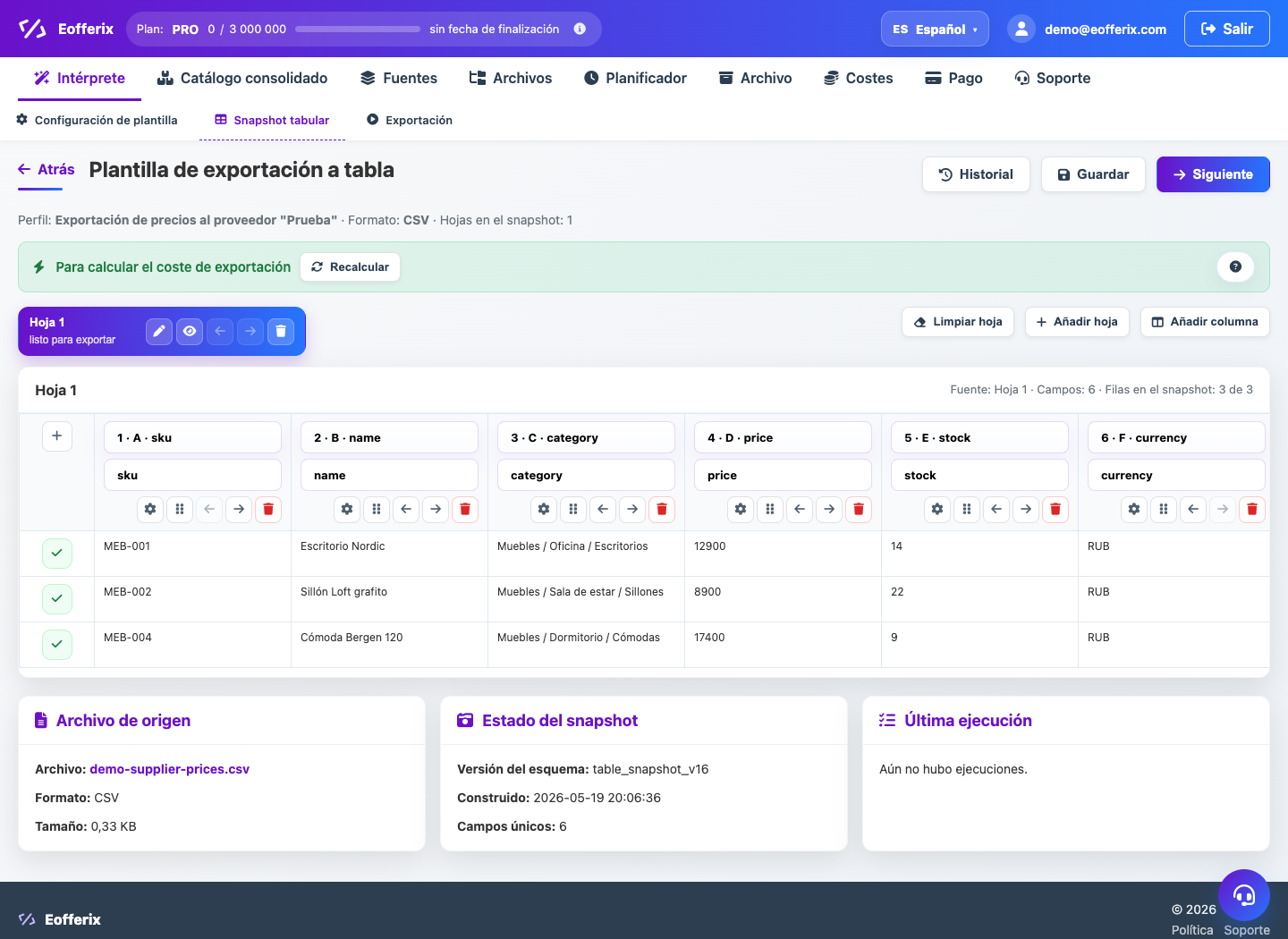 Snapshot de tabla — Eofferix