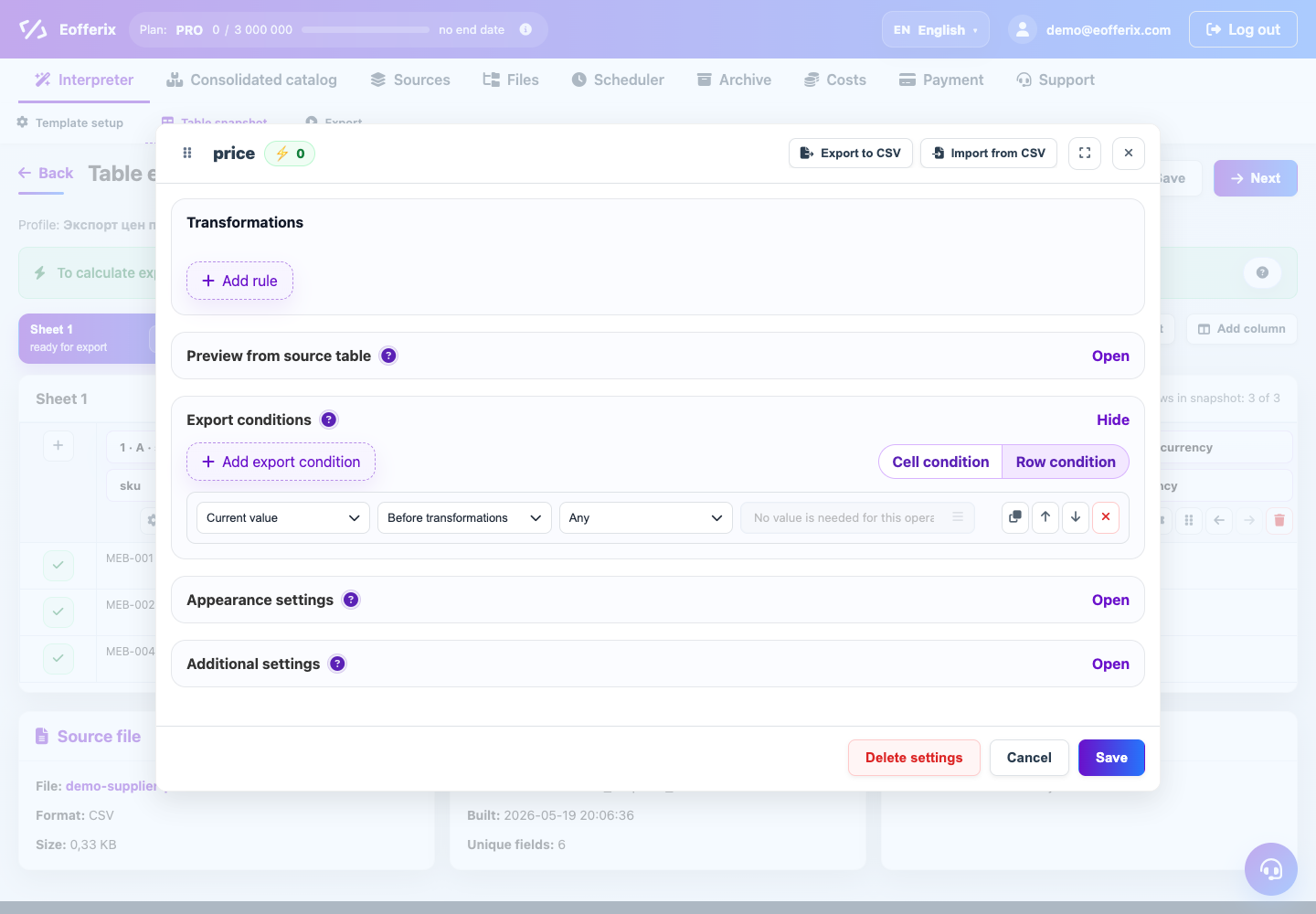 Conditions for exporting fields and rows — Eofferix