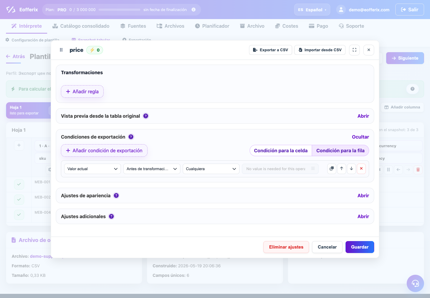 Condiciones para exportar campos y filas — Eofferix