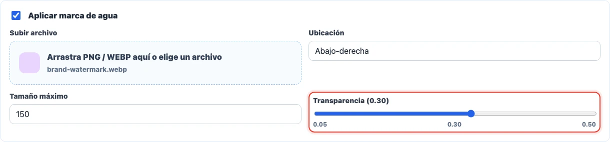 Control de transparencia de la marca de agua de 0.05 a 0.50