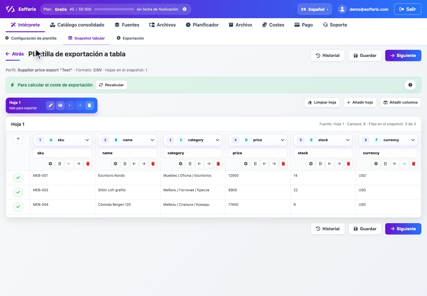 Animación en snapshot de tabla: abrir la columna price, añadir una condición no vacía antes de transformaciones y guardar