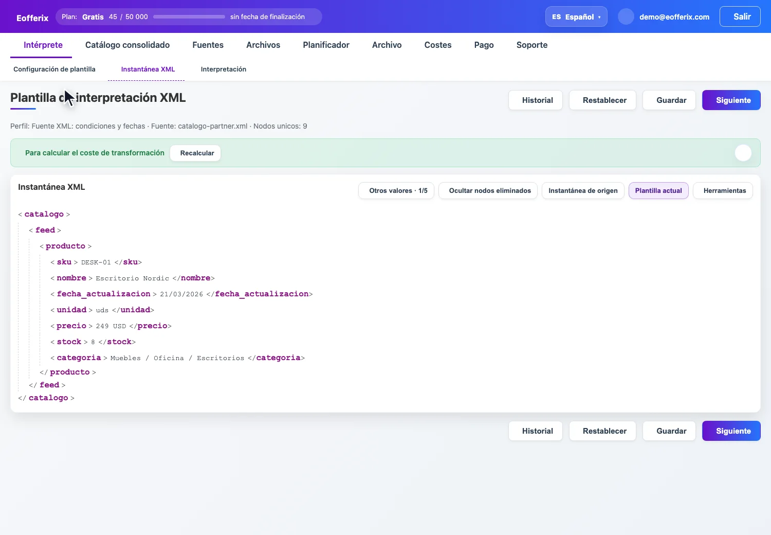 Animación en snapshot XML: abrir los ajustes de precio, añadir una condición no vacía antes de transformaciones y guardar