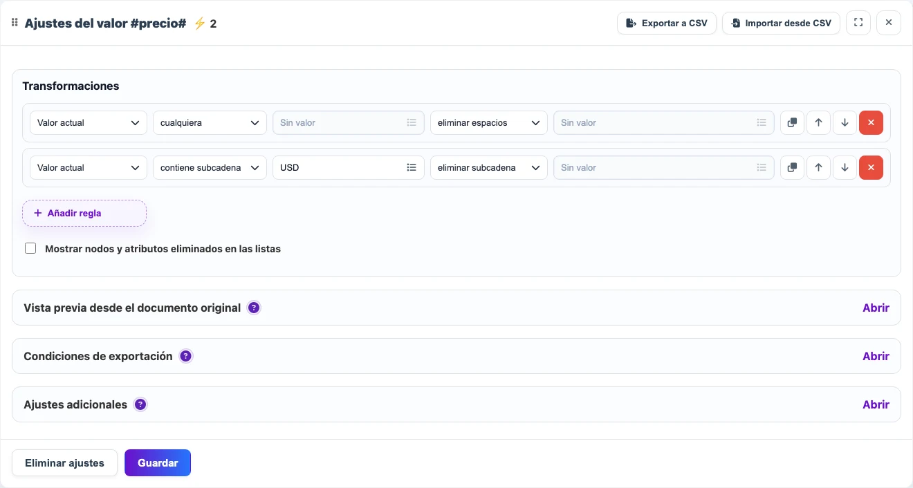 Transformaciones de precio: eliminar espacios y eliminar la subcadena USD