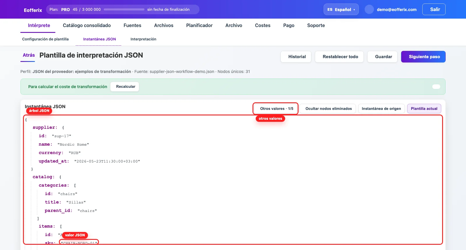 Snapshot JSON de Eofferix con árbol, valor sku y botón Otros valores resaltados