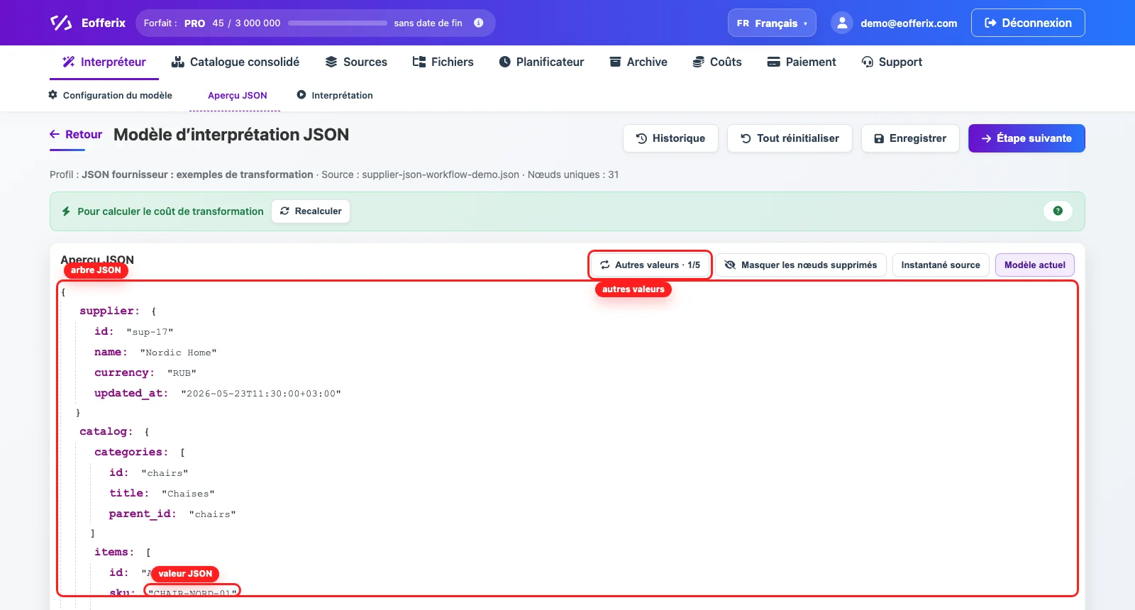 Snapshot JSON Eofferix avec arbre, valeur sku et bouton Autres valeurs mis en évidence