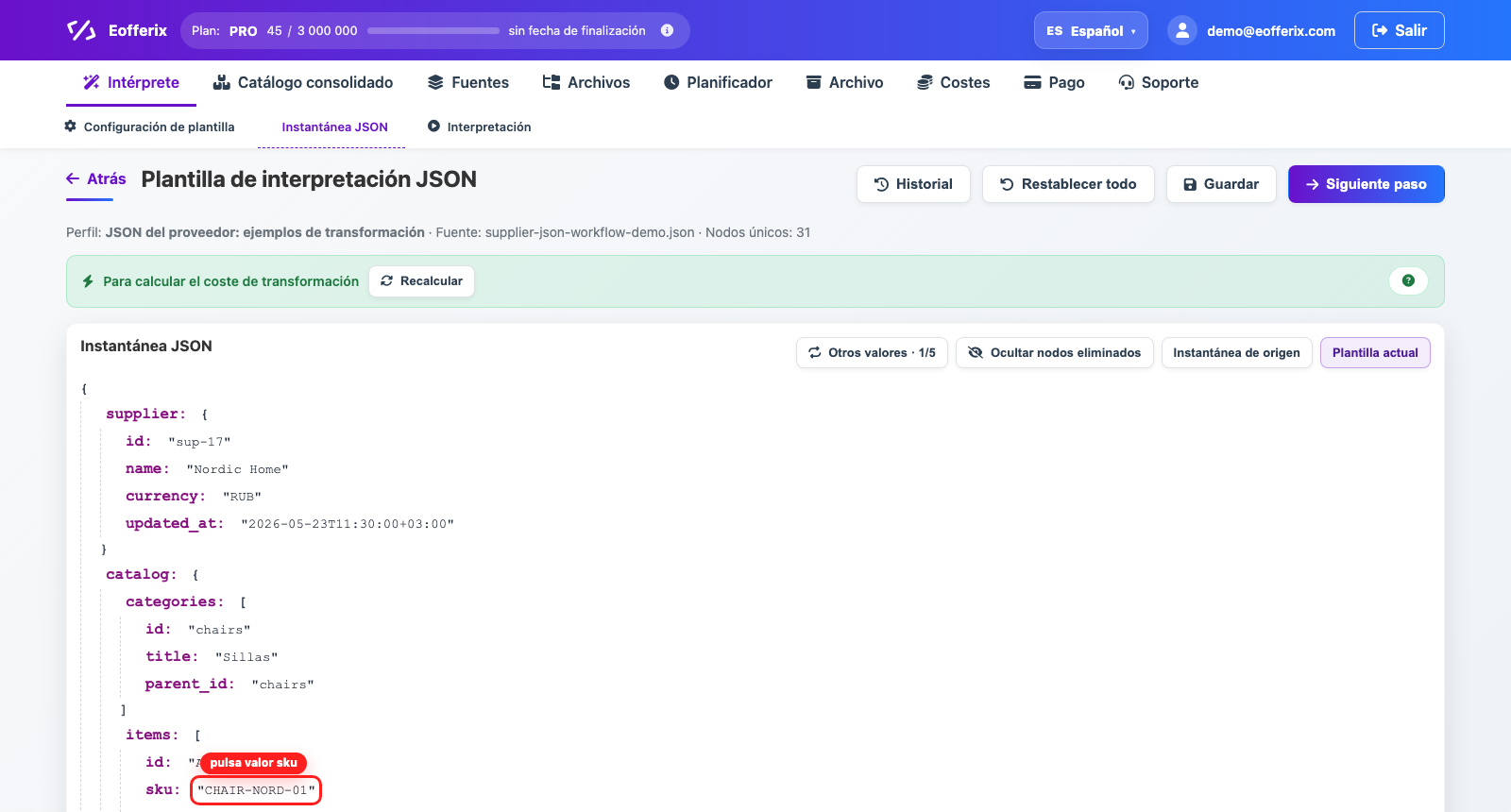 Animación de apertura de los ajustes del valor sku en el snapshot JSON