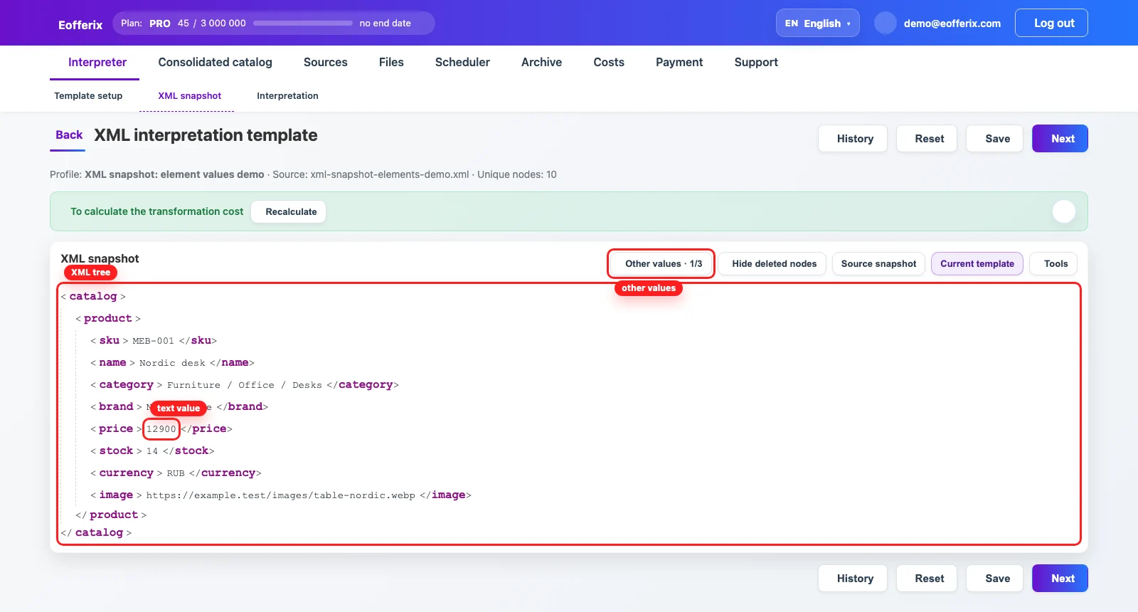 Eofferix XML snapshot with an element tree and the price text value highlighted
