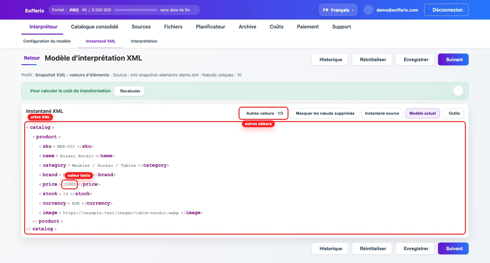 Snapshot XML Eofferix avec arbre d’éléments et valeur texte price mise en évidence Snapshot XML Eofferix avec arbre d’éléments et valeur texte price mise en évidence