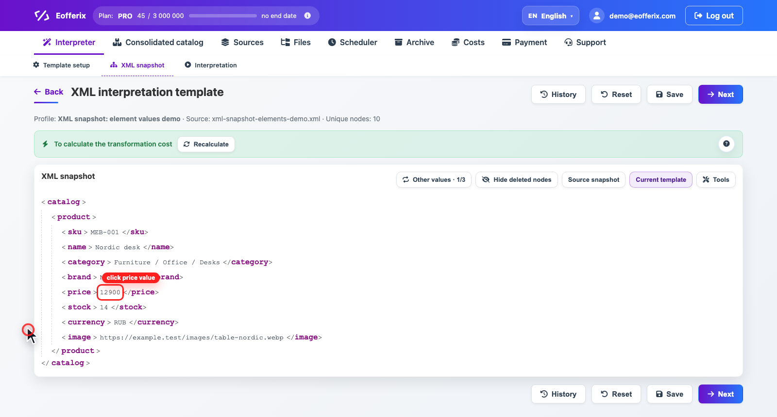 Animation of opening price value settings in the XML snapshot