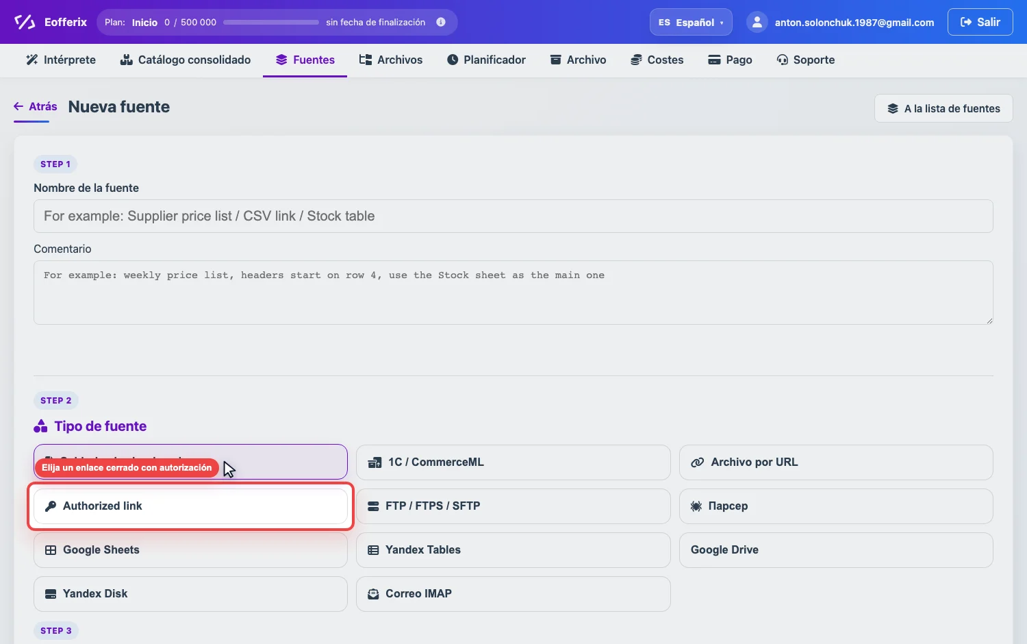 Animación de configuración de una fuente con autorización en Eofferix