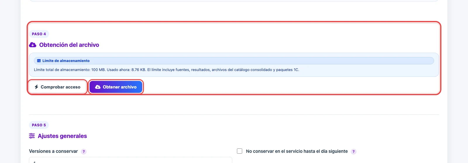 Botones para comprobar acceso y obtener el archivo en una fuente FTP / FTPS