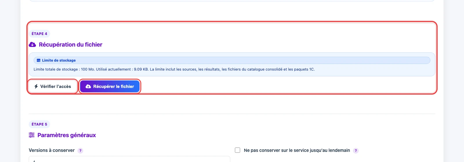 Boutons de vérification d’accès et de récupération du fichier FTP / FTPS