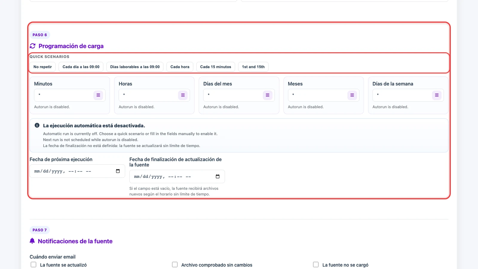 Horario de actualización de una fuente FTP / FTPS