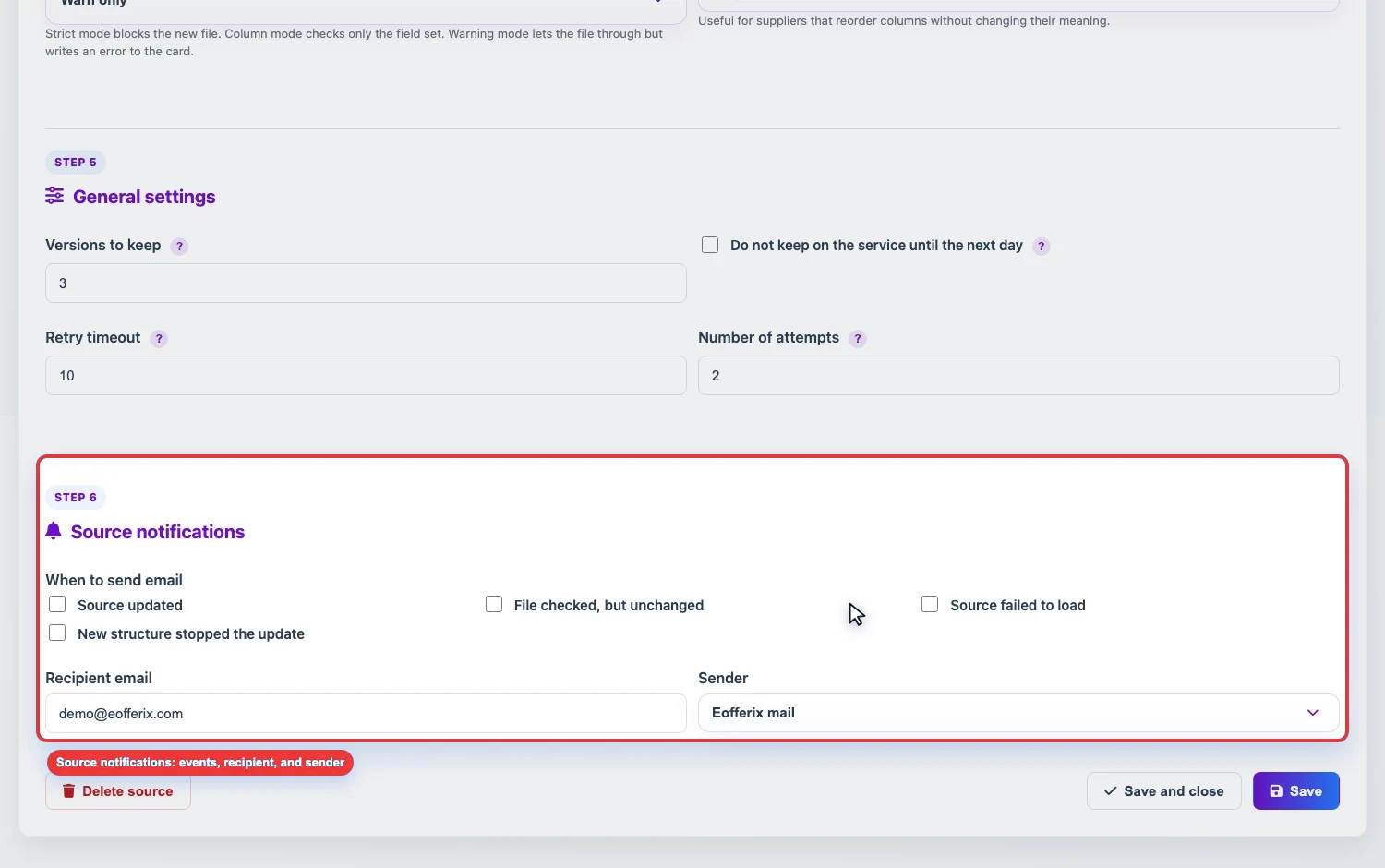 Screenshot of source notifications in Eofferix