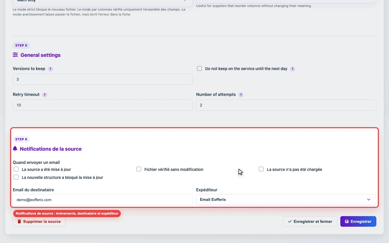 Capture des notifications de source dans Eofferix