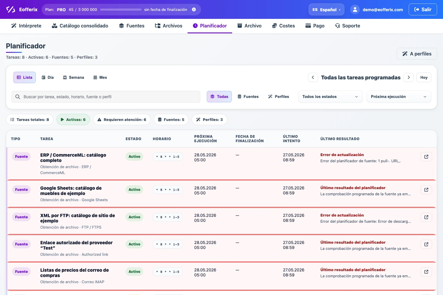 Planificador de Eofferix con tareas de fuentes y perfiles