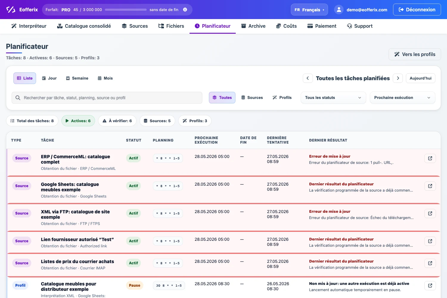Planificateur Eofferix avec tâches de sources et de profils