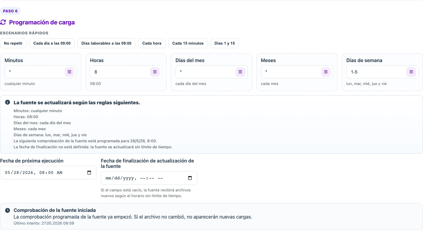 Configuración de la programación de carga de una fuente en Eofferix