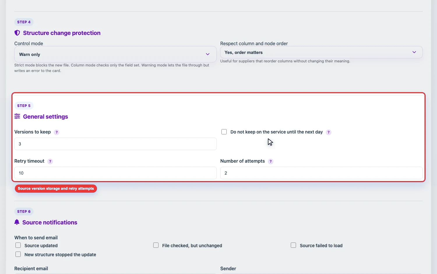 Open larger image Screenshot of source version storage and retries in Eofferix