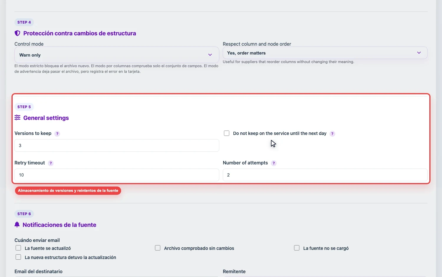 Abrir imagen ampliada Captura de almacenamiento de versiones y reintentos de fuente en Eofferix