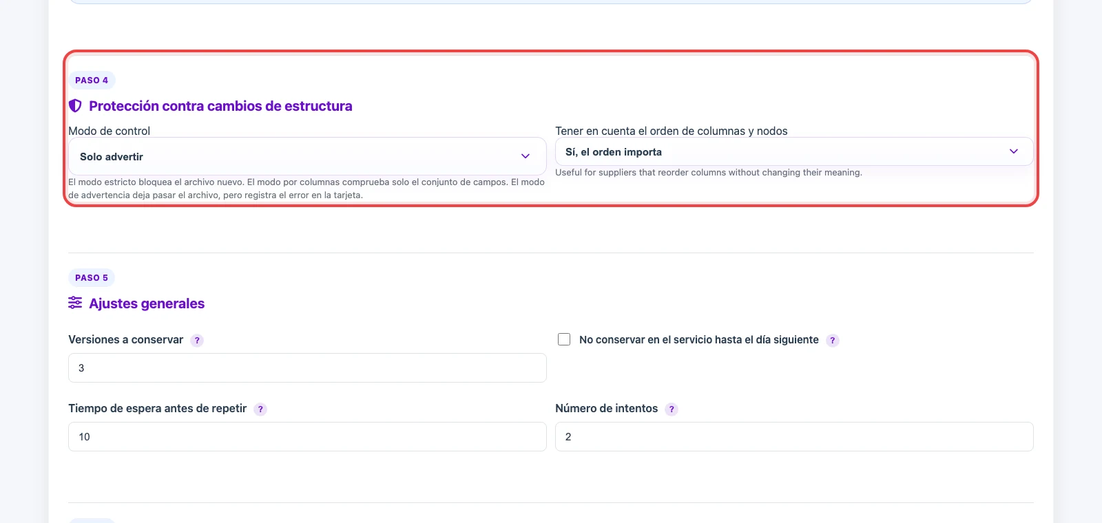 Ajustes de protección contra cambios de estructura en Eofferix