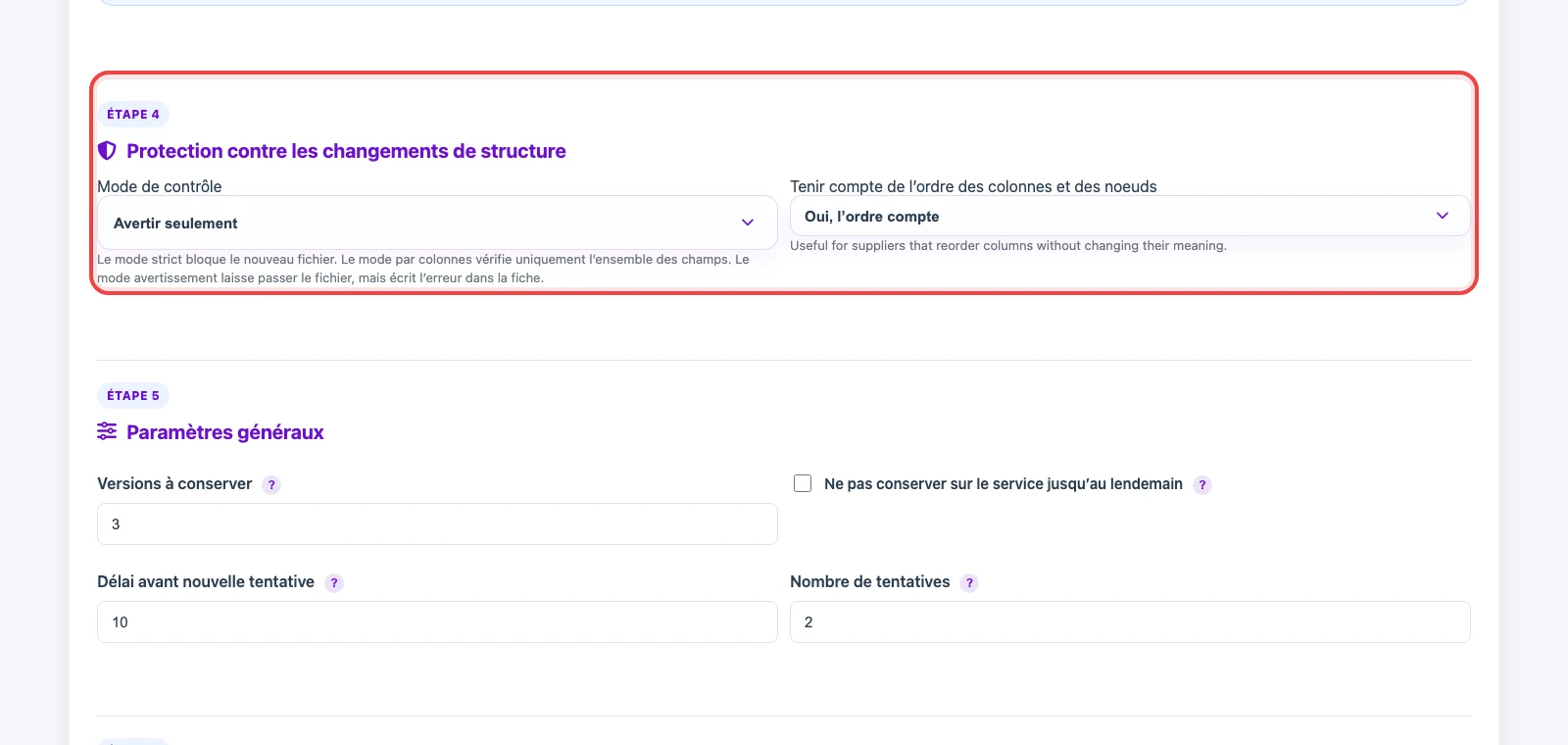 Paramètres de protection contre les changements de structure dans Eofferix