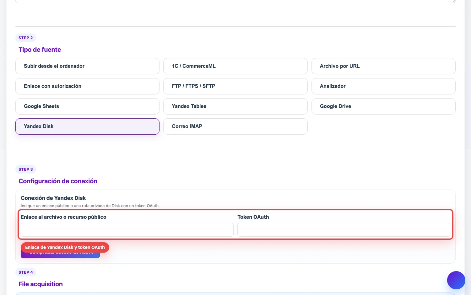 Configuración de fuente Yandex Disk en Eofferix