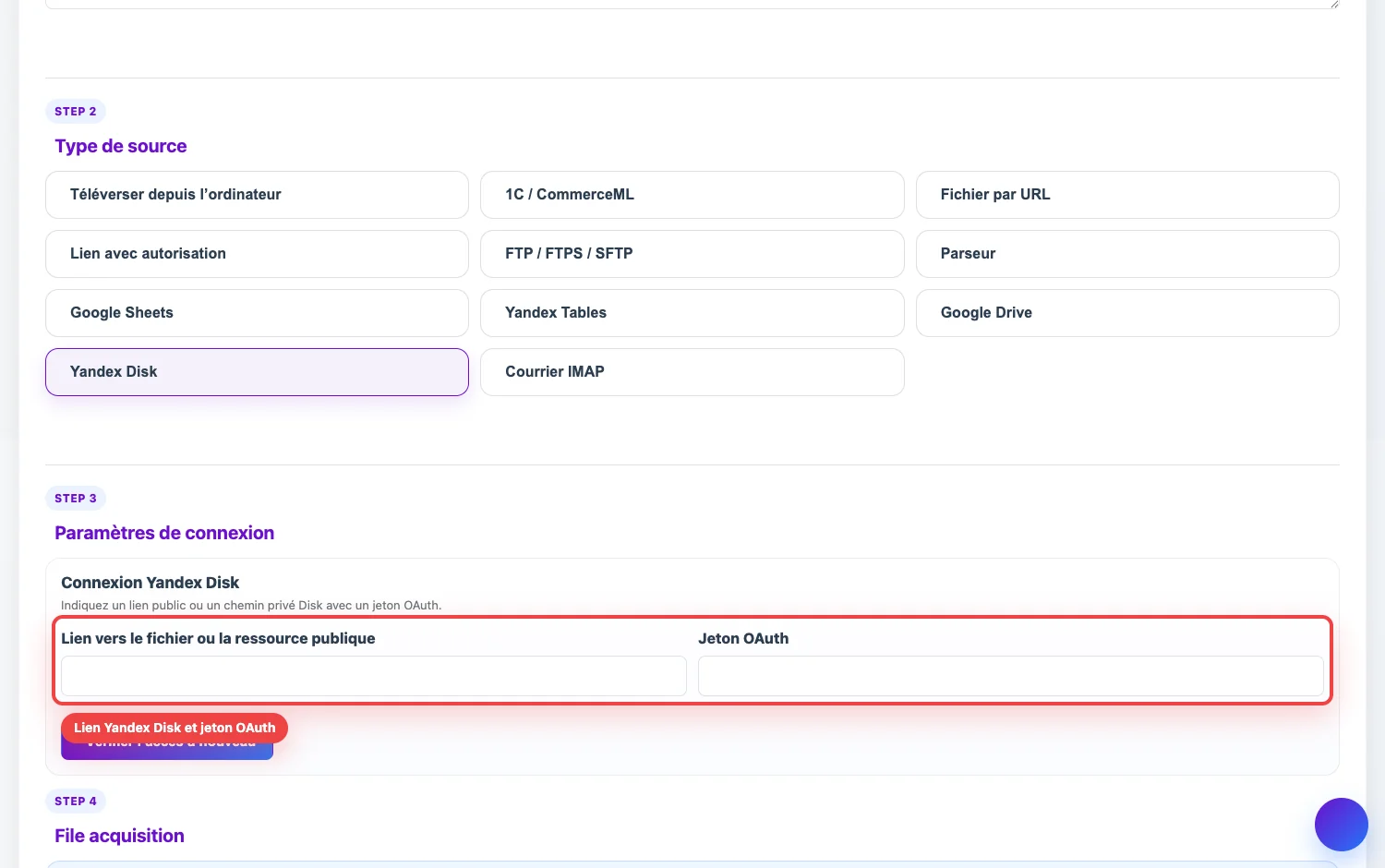 Paramètres de source Yandex Disk dans Eofferix