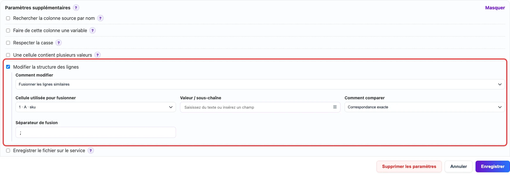 Ouvrir l’image en grand Capture du réglage Fusionner les lignes similaires dans l’éditeur de tableau Eofferix