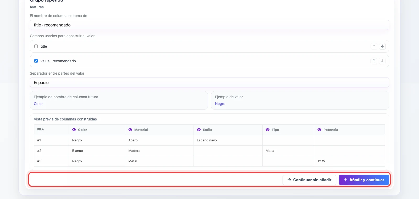 Botones de continuación en el Constructor de campos para un origen JSON