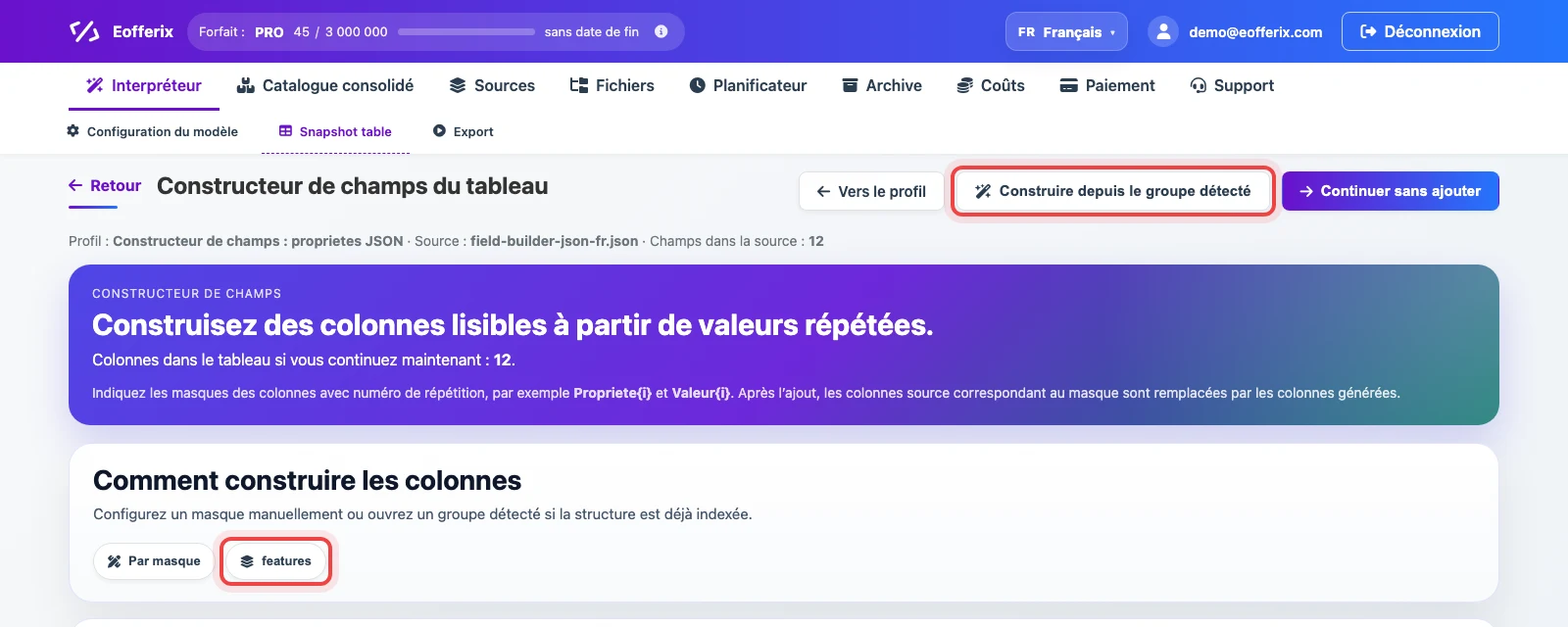 Groupe features détecté dans le Constructeur de champs Eofferix