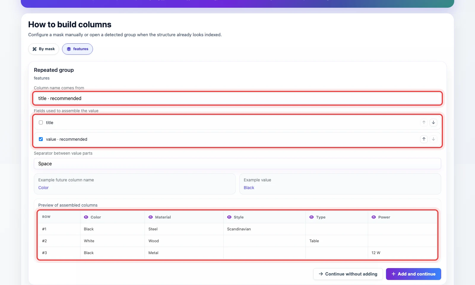 Choosing title and value for columns generated from a JSON group