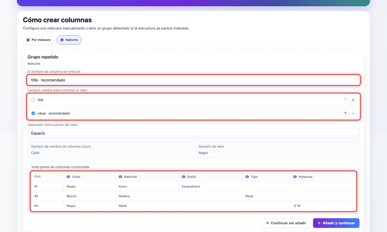 Elección de title y value para crear columnas desde un grupo JSON