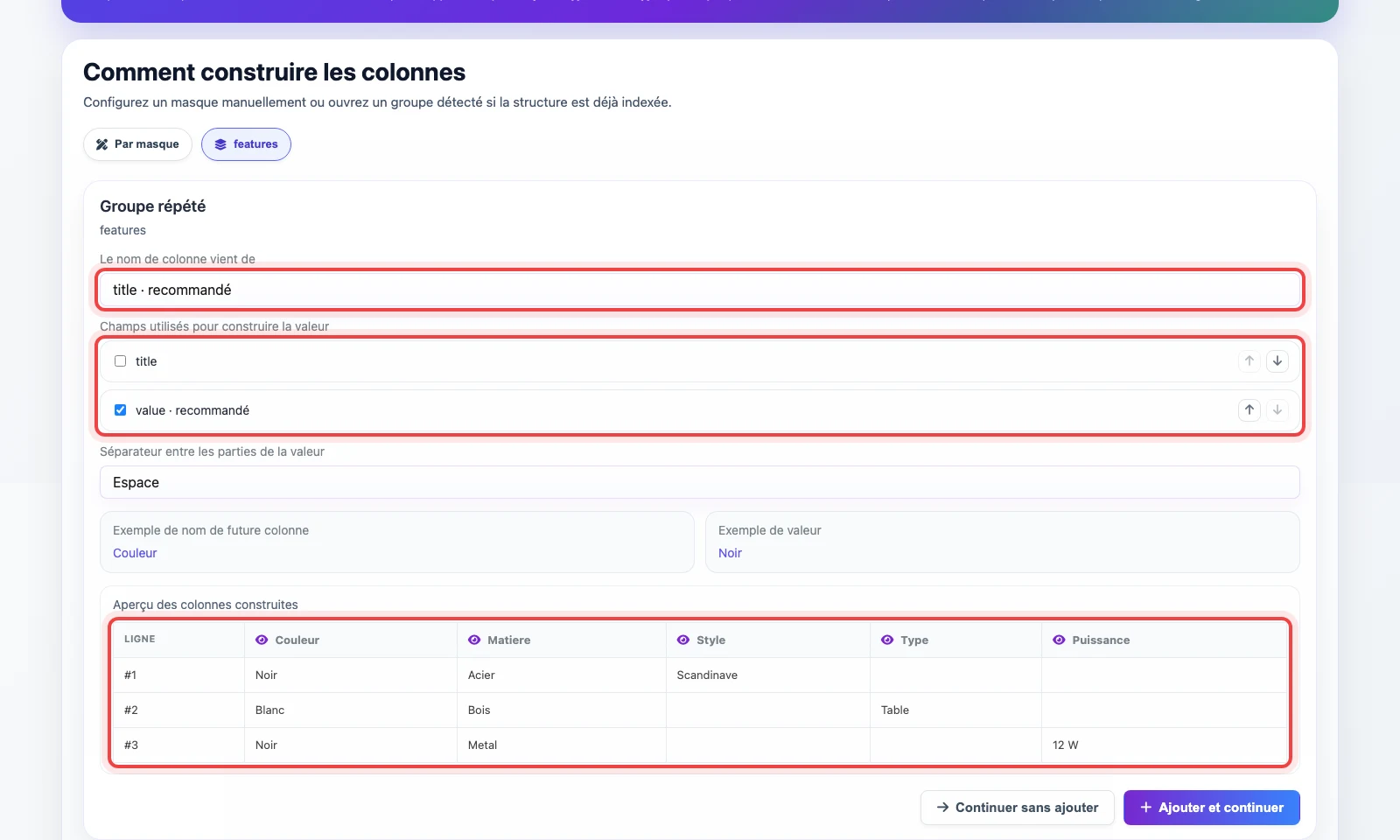 Choix de title et value pour générer des colonnes depuis un groupe JSON