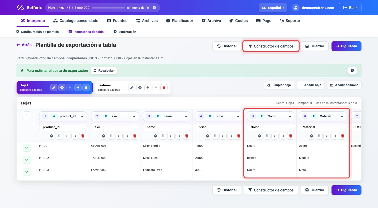 Instantánea de tabla después de crear columnas desde propiedades JSON